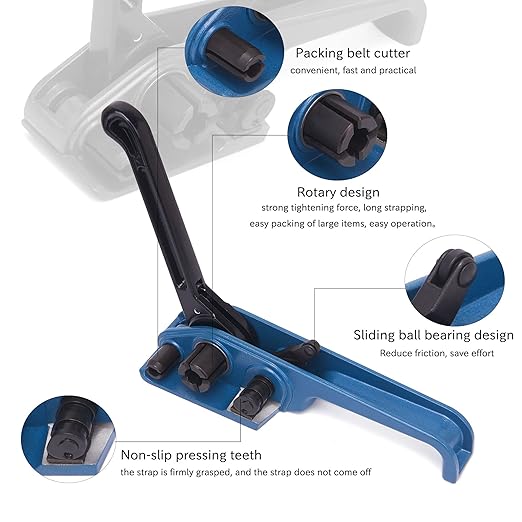 Pallet Packaging Strapping Banding Kit - Tensioner & Sealer Machine Set, Heavy Duty PET Belt, Open Serrated Seals, Corner Protector