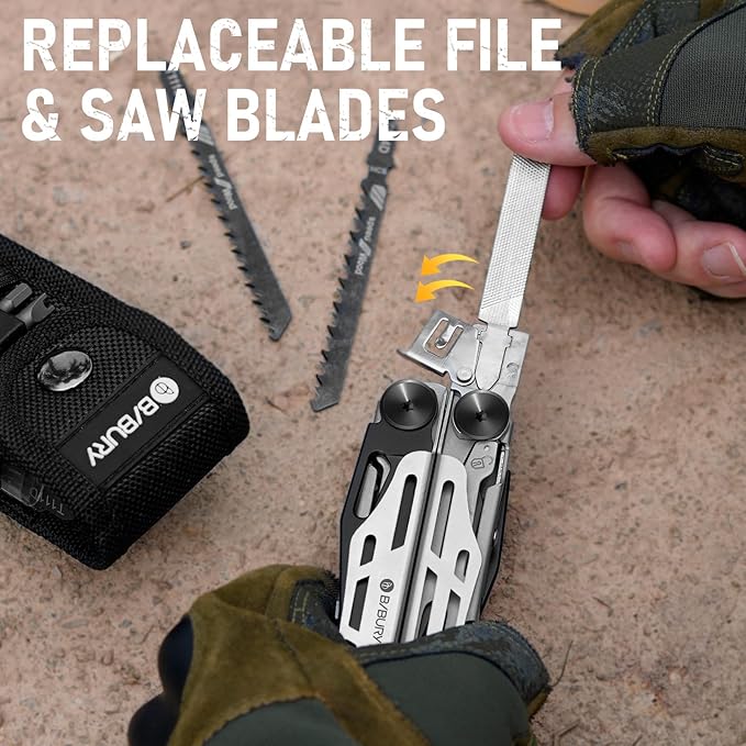 BIBURY Multitool Pliers Pro BI2045, Foldable Multitools with Replaceable Wire Cutters and Saw, Stainless Steel Multi Tool w/Upgraded Scissors and Screwdriver Set, Ideal for Camping, Hiking, Survival