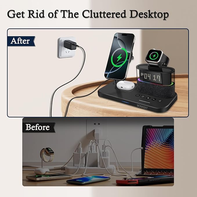 MONASAY Qi2 5 in 1 Wireless Charging Station, 23W Wireless Charger with Alarm Clock for Multiple Devices, Magnetic Charger Stand for iPhone 16/15/14/13/12 Series and AirPods, Apple Watch Series, Black