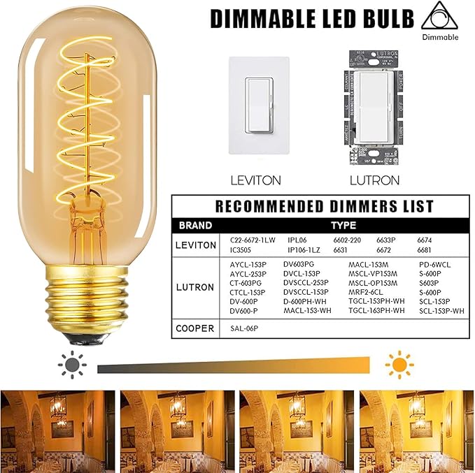 Vintage LED Spiral Filament Bulb T14, E26 Base, 4W Equivalent, 40W Warm White, 2200K, Dimmable, AC120V, 400LM, Amber Glass, Pack of 4