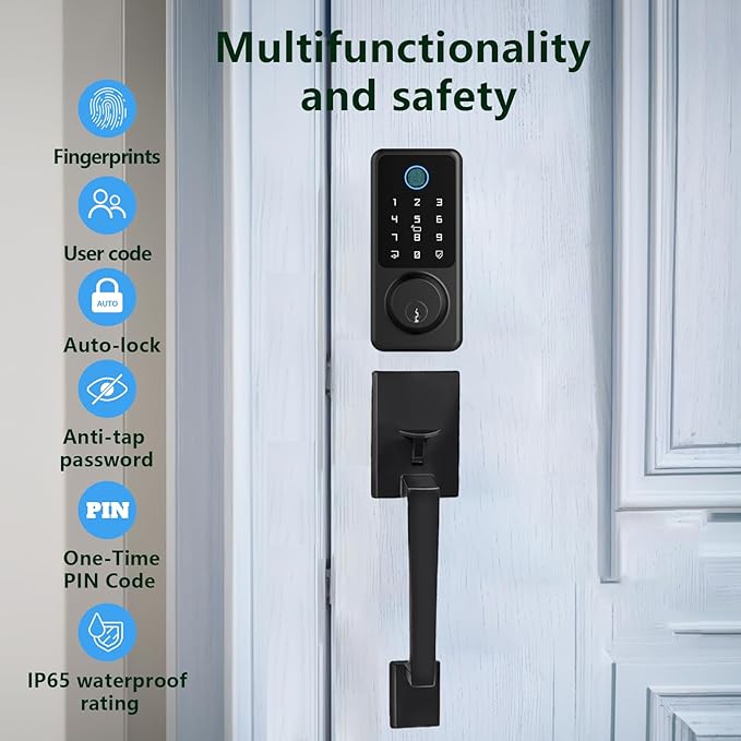 Smart Front Door Lock Handle Set, Keypad Door Lock with Handles, Fingerprint Keyless Entry Smart Locks Handle Kit, Electronic Smart Deadbolt with Auto Lock, Code, APP for Home, Apartment