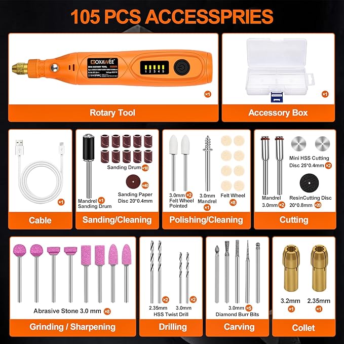 GOXAWEE Mini Cordless Rotary Tool Kit with 105pcs Accessories, USB Charging 5-Speed 18000rpm Multi-Purpose Art Craft Tool with 3.7V Li-ion Battery for Handmade Crafting and DIY Creations