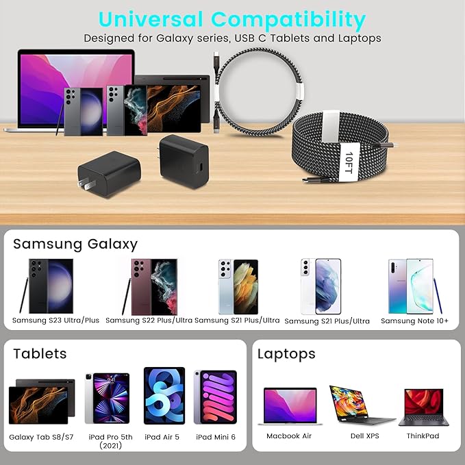 45W USB-C Charger, 2-Pack 45 Watt Super Fast Charger Type C Wall Charging Block with 2X 10FT Type C Cable for Samsung Galaxy S25 Ultra/S25/S25+/S24 Ultra/S23+/S23/S22/S20,Note 10/20,Tab S9/S8