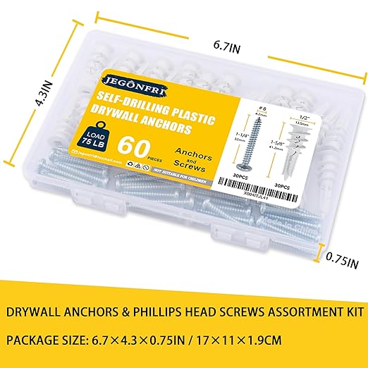 60PCS Self Drilling Drywall Anchors and #8 Screws, Wall Anchors for Drywall Heavy Duty Holds Upto 75LB, No Pre Drill Hole Required, Dry Wall Screws and Anchors Kit