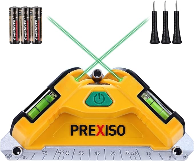 PREXISO Square Laser-65Ft Green Beam Floor Tile Laser Level, Tile Laser Line Projection, Angle 90 degree Aluminum Base Magnetic Level Square Built-In 2 Bubble Vials-With 3 Mounting Pins 3AA Batteries