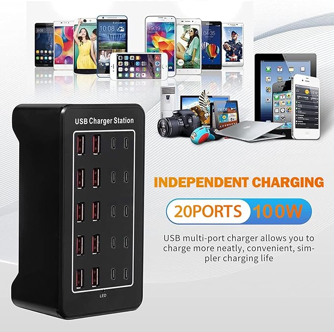 USB C Charger Block 100W USB C Charging Station, 20Port (20A) Multiple Charging Hub Desktop 10 Port USB Charger Compatible for Apple iPhone, iPad, Samsung, Pixel, Cell Phone, Tablets, Office Home Use