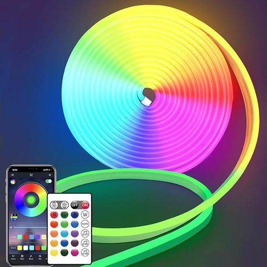 16.4FT DC24V RGB LED neon Rope Lights with Remote/APP Control Waterproof Flexible Neon LED Strip Lights LED neon Rope Lights for Bedroom Room Outdoors Decor
