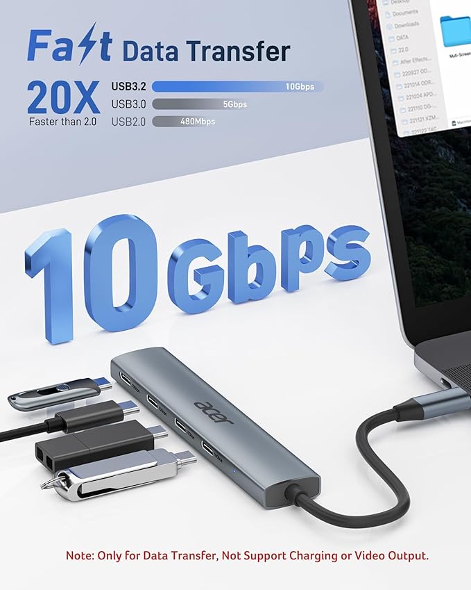 Acer USB C Hub, 10Gbps Type C Splitter with 4 USBC 3.2 Port, High Speed Type C Multiport Adapter for MacBook Air/Pro, iPhone 16/15, iPad, Surface Pro and More 【Not Support Charging or Video Output.】