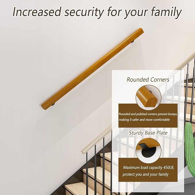 4FT Wooden Stair Railing Indoor, Wall Railings for Stairs, Hand Rails for Indoor Stairs, Non-Slip Stair Handrail for Home Garden Corridor Lofts Kindergarten Guardrail