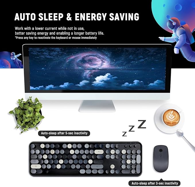 LETTON Wireless Keyboard Mouse Combo, 2.4GHz Typewriter Keyboard Wireless, Colorful Full Size Office Computer Retro Keyboard and Cute Mouse with 3 DPI for Mac PC Desktop Laptop-Black Grey