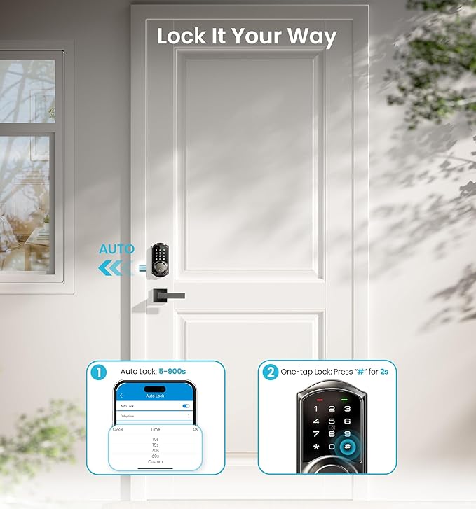 Veise VE06-L Smart Locks with 2 Lever Handle Set, App Control, Keyless Entry Deadbolt for Front Door, Electronic Digital Touchscreen Keypad, Auto Lock, Waterproof, Easy Installation, Matte Black