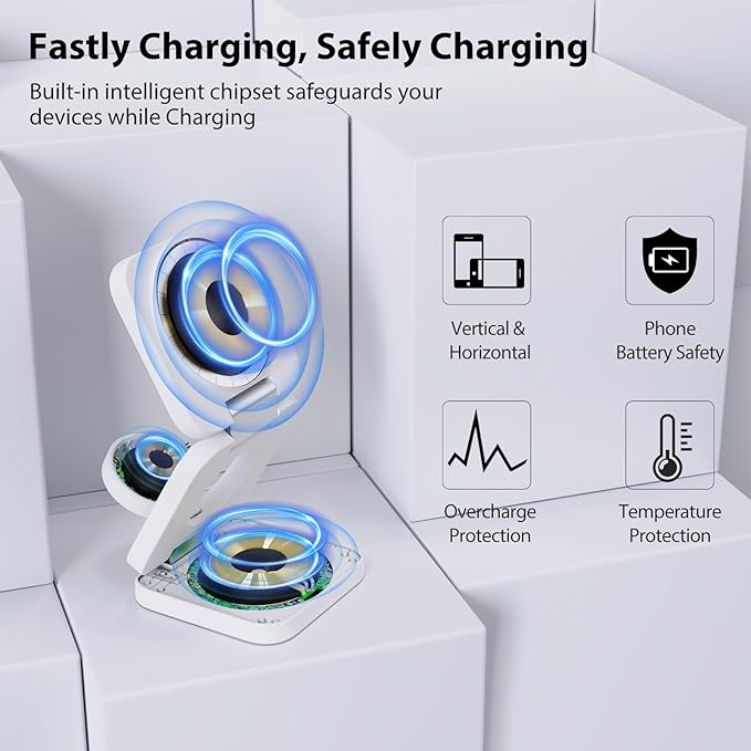 Fast Wireless Charger, Magnetic Foldable 3 in 1 Charging Station for iPhone 16/15/14/13/12/Pro/Plus/Pro Max, 5W Portable Charger for Apple Watch9/8/7/6/5/4/3/SE, for Airpods3/2/Pro-White