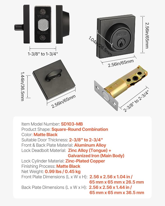 VEVOR Deadbolt Lock, Square Single Cylinder Dead Bolt, Keyed 1 Side, Fits Standard Size Interior and Exterior Doors, Full Metal, with 3 Keys, for Front Entry Door Residential Security, Matte Black