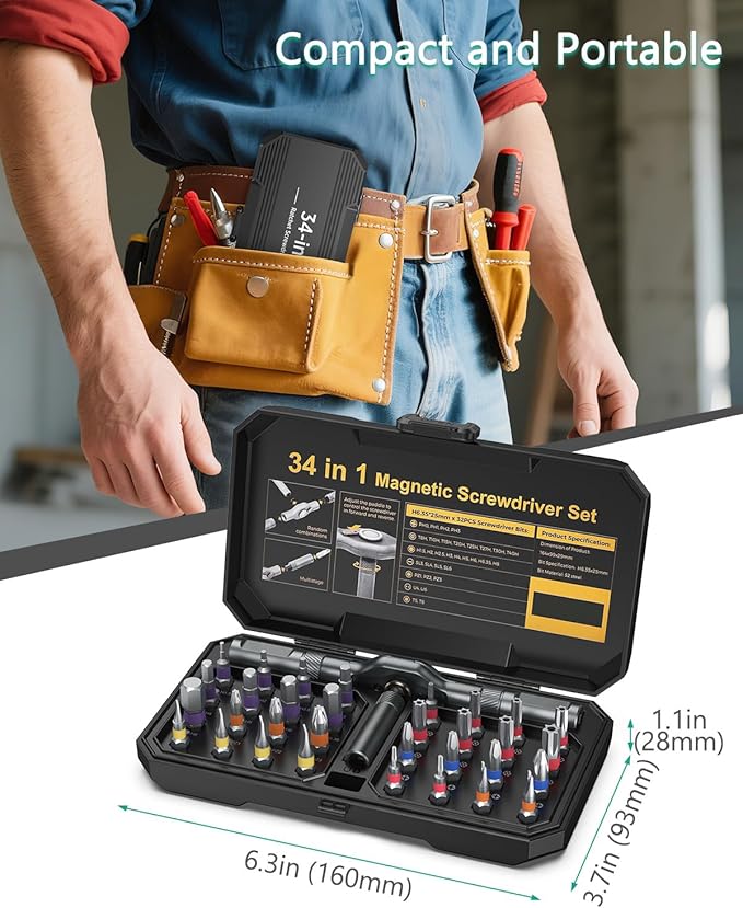 ORIA 34 in 1 Magnetic Screwdriver Set, DIY Ratchet Screwdriver Set, Upgraded Portable Repair Tool Kit with Detachable Ratchet Handle, 32 Color-Coded Precision Bits for DIY Furniture Computer Bicycle