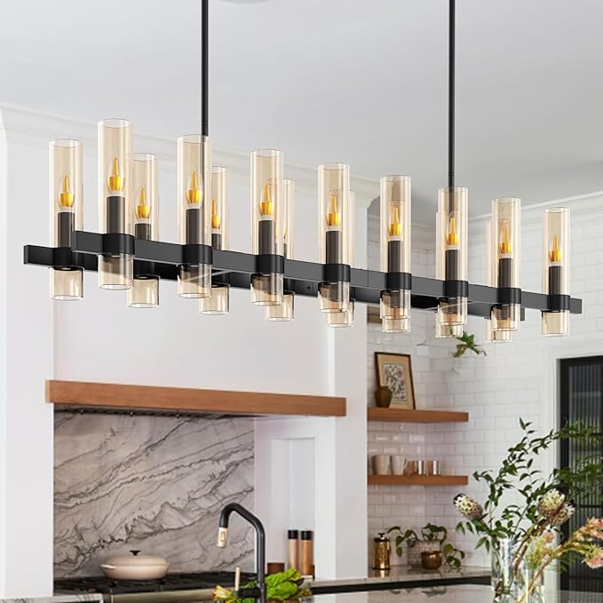 Modern Black Island Rectangle Chandelier with Amber Glass,63" Adjustable Height Modern Linear Light Fixture 16 Light Dining Room Chandelier Over Table for Dining Room Kithen Island