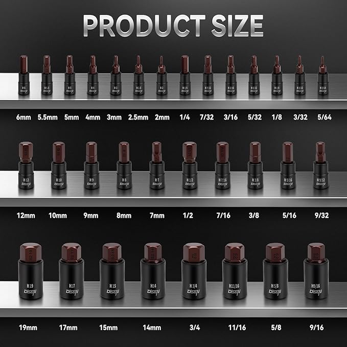 DISEN 32-Piece HEX Bit Socket Set, SAE & Metric Allen Wrench Socket Set with Enhanced Storage Case, Premium Heat Treated Chrome Vanadium Steel & S2 Alloy Steel