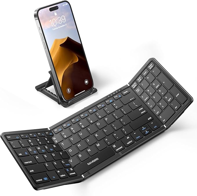 Samsers Foldable Bluetooth Keyboard with Numeric Keypad, Full-Size Wireless Folding Keyboards with PU Leather, Portable Travel for iOS Android Windows Mac OS, Support 3 Device(BT5.1 x 3)-Black