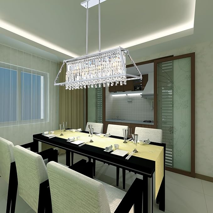 Crystal Chandelier Light for Dining Room, 4-Light Trapezoidal Industrial K9 Crystal Pendant Lights with Metal Frame Pendant Lamp for Kitchen Island Living Room Entryway (Chrome)