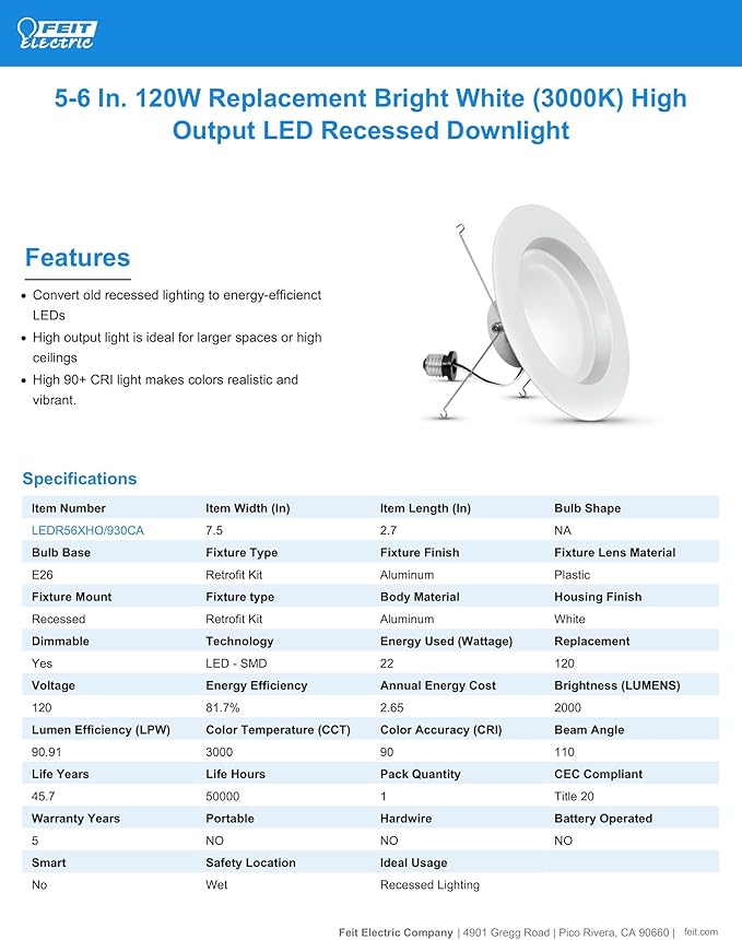 Feit Electric 5 Inch or 6 Inch LED Recessed Lighting Retrofit Downlights, 120 Watt Equivalent High Output, 2000 Lumen, 3000K Soft White, Dimmable, 6 Pack, LEDR56XHO/930CA/6