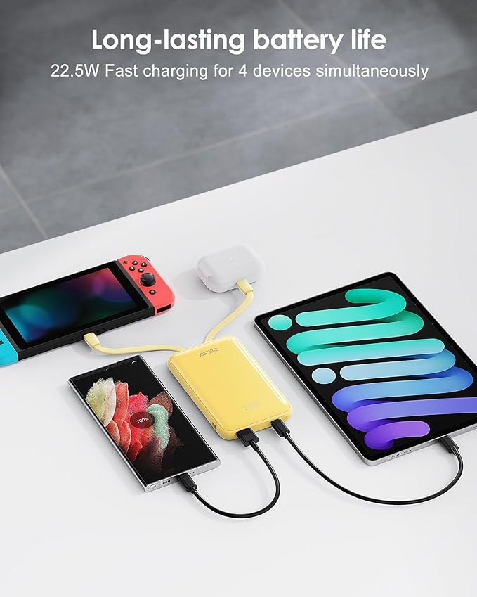 Portable Charger 10000mAh, Cell Phone Portable Power Banks with 22.5W PD Fast Charging, Compact Phone Charger Built in Cable, Compatible with Apple, Samsung, Google, Motorola and More-Yellow