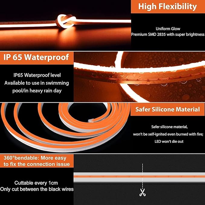 Lamomo LED Neon Lights, 16.4ft Orange Halloween Decorations 0.39In/Cut Neon Light Strip, 12V Flexible Waterproof LED Strip,Silicone Neon Rope Light for Indoor Outdoor Decor（Power Adapter not Included