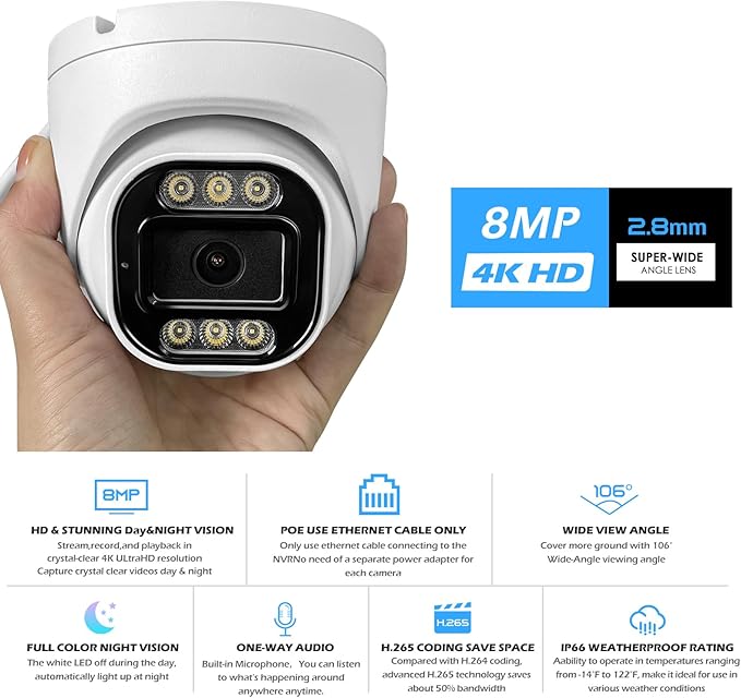 4K Security Audio Dome Camera 8MP (2160P) Smart Dual Light PoE Turret AI Human Detection 2.8mm 106° Wide Angle Lens Color Night Vision Built-in Mic IP67 Waterproof Compatible with NVR