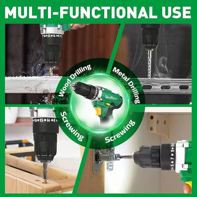 NEWBEAT Cordless Drill Set, 12V Power Drill Driver with 2 Batteries and Charger, 3/8" Keyless Chuck, 2 Variable Speed, 15+1 Torque Setting Electric Drill, Power Tools Kit for Home and DIY Project