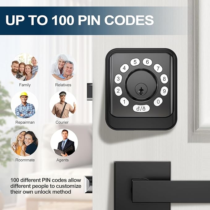 GEONFINO Keyless Entry Door Lock with Keypad, Smart Deadbolt for Front Door, Black Door Lock with 2 Keys, Keypad Deadbolt with Easy Installation