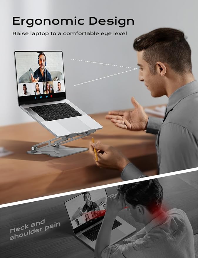 Adjustable Laptop Stand for Desk, Portable Laptop Riser Holder Foldable, Metal Ergonomic Computer Notebook Stand Holder for MacBook Air Pro, Dell, HP 10-16'' Silver