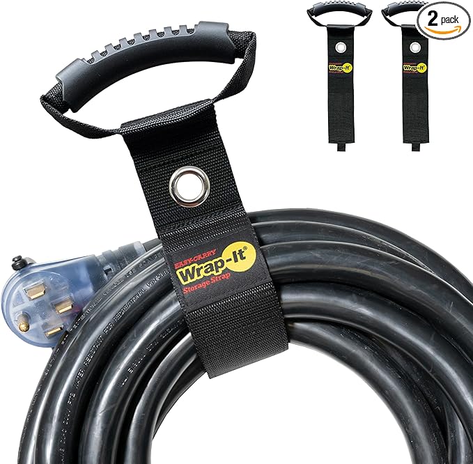 Easy-Carry Wrap-It Storage Straps - 22" (2-Pack) Black with Grommet - Extension Cord Holder Organizer for Garden Hose Storage Cord Straps