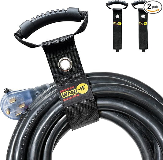 Easy-Carry Wrap-It Storage Straps - 22" (2-Pack) Black with Grommet - Extension Cord Holder Organizer for Garden Hose Storage Cord Straps