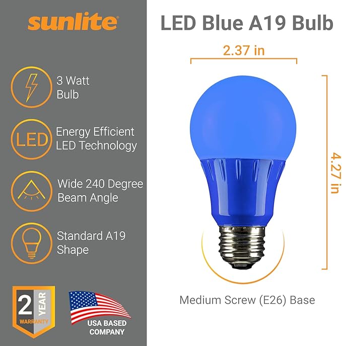 Sunlite 80145 A19 Colored Light Bulb 3 Watts (25w Equivalent), E26 Medium Base, Non-Dimmable, UL Listed, Party Decoration, Holiday Lighting, 1 Count, Blue