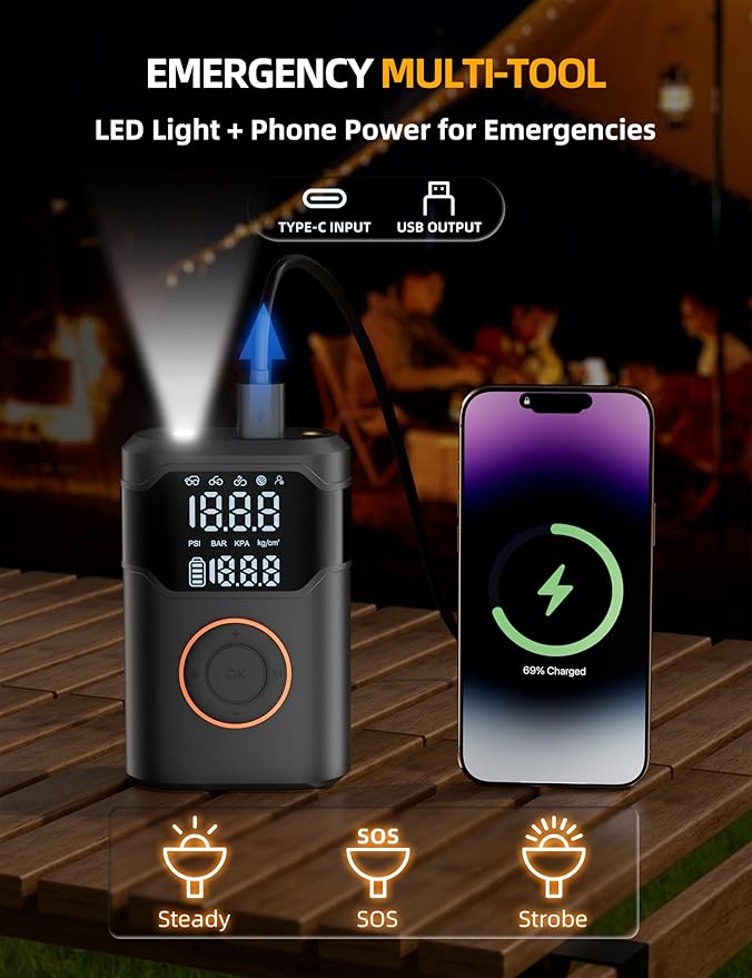 Tire Inflator Portable Air Compressor-150PSI Cordless Tire Air Pump, 5X Faster with Digital Gauge, Auto-Off & LED Light, Air Pump for Car Tires, Motorcycle, Bike, Balls & More