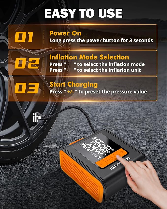 AUXBEAM H4 Portable Air Compressor, 150PSI 4000mAh Car Tire Inflator Pump, 12V 4 Preset Inflation Modes, Cordless Smart Air Pump With LCD Screen for Car, Motorcycle, Bike, Ball