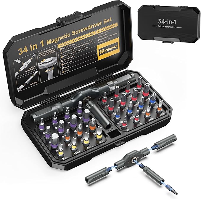 2025 New 34 in 1 Magnetic Screwdriver Set, DIY Ratchet Screwdriver Set with 32 PCS Bits, T Handle, Storage Case, Portable Repair Tool Kit for Men Furniture, Electronics, Computer, Bicycle