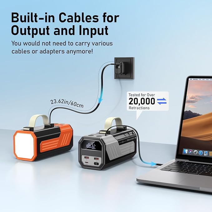 Laptop Power Bank,70,000mAh Portable Charger with 100W USB-C Ports, Built-in and Retractable Cables,100W Input, Fast Charging for MacBook Pro/Air/iPhone 16/iPad Pro/Galaxy S25 Ultra and More