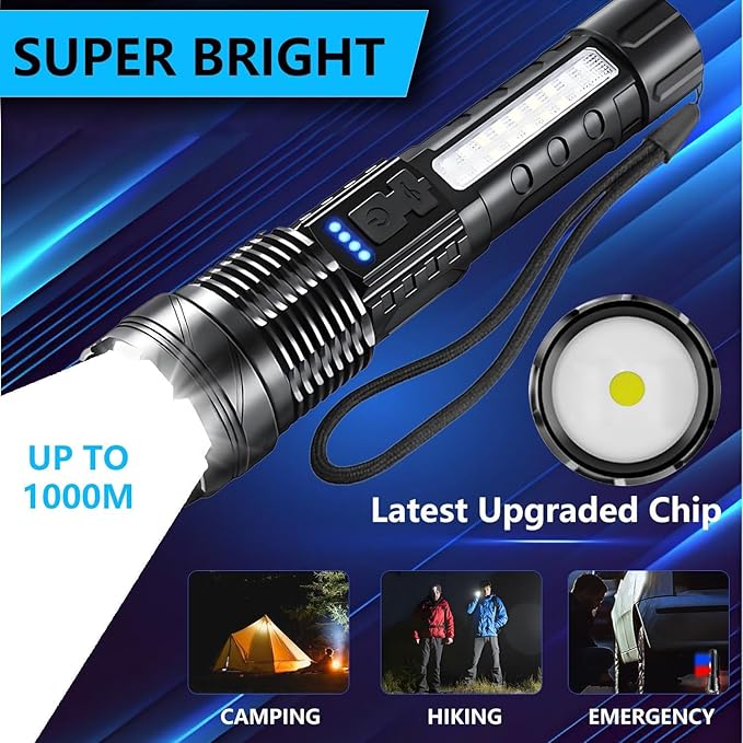 Rechargeable LED Flashlights, 90,000 Lumens Super Bright Flash Light, 7 Modes with COB Work Light, IPX6 Waterproof, Adjustable Tactical Powerful Handheld Flash Light for Home,Camping and Emergencies