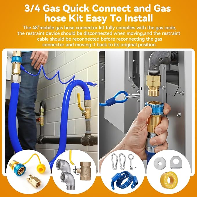 1675kit48 Safety System Kit, Commercial 48" Gas Hose Connector Kit with 3/4" Quick Disconnect and 2 Elbows,Gas Hose for Kitchen Equipment Commercial Standard Gas Connector, Full Port Valve