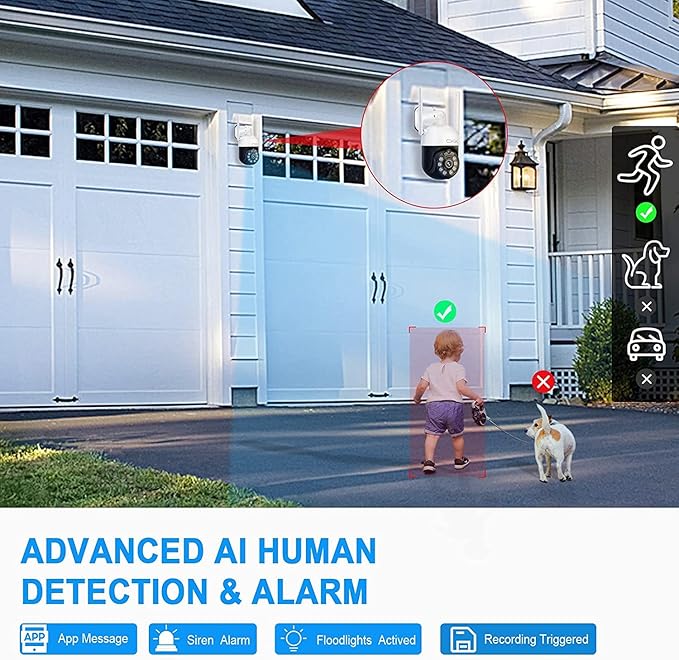 3MP PTZ CKK Cameras, 4pcs Wireless Security Camera System Outdoor with 1TB Hard Drive, 8 Channel 3MP WiFi Surveillance NVR System, 2 Way Audio, Floodlights & Siren Alarm,AI Human Detection