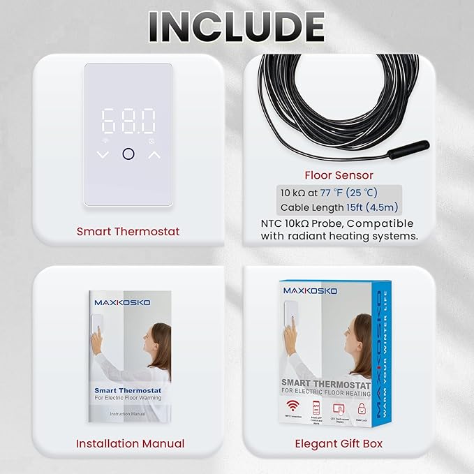 MAXKOSKO 2Pcs WiFi Smart Thermostat for Electric Floor Warming System with Touchscreen LED Display 120V/240V, Easy Connection & Energy Saving Home Programmable White Thermostat