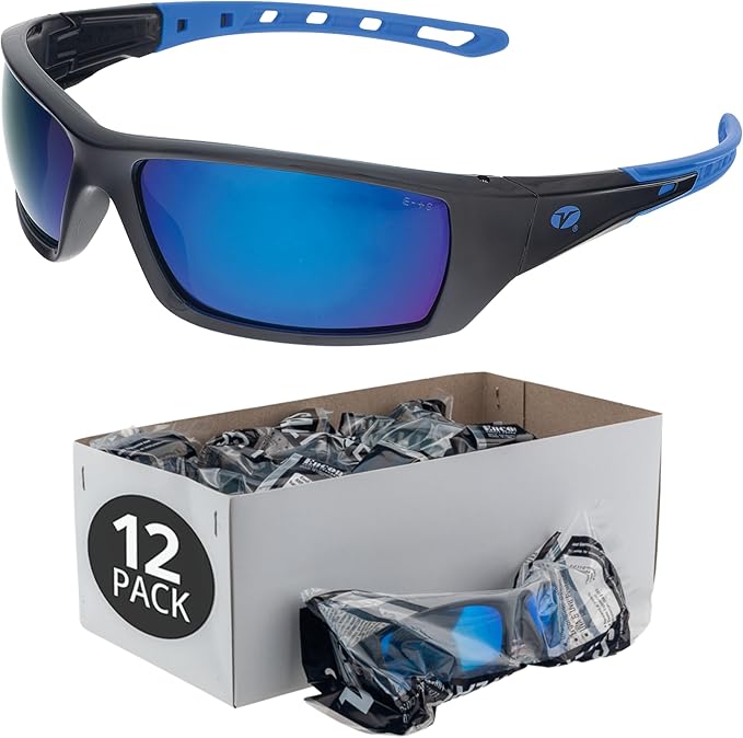 Veratti Spectrum Safety Glasses, Polarized Blue Mirror Lens, ANSI Z87.1 Certified, Anti-Fog, Black/Blue Frame