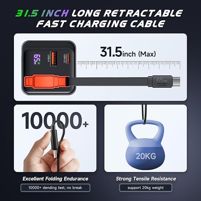 65W Retractable Charger, USB C Wall Charger Block Built-in Type C Cable & Dual Port, PD PPS Fast Charging GaN Power Adapter Travel Charger for MacBook,Lenovo IdeaPad,iPhone 17 Pro Max,Galaxy S25