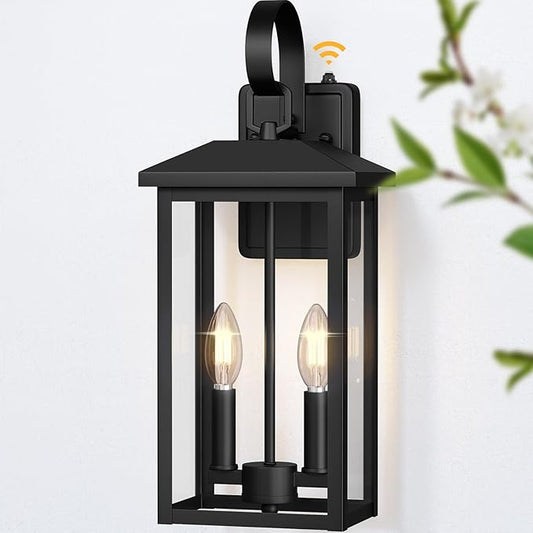 Large Outdoor Light Fixtures Black, Dusk to Dawn Outdoor Lighting, 2-Light Exterior Wall Fixture with E12 Socket, ETL Listed 18" Exterior Light Lanterns for House, Garage, Patio, Porch, Door