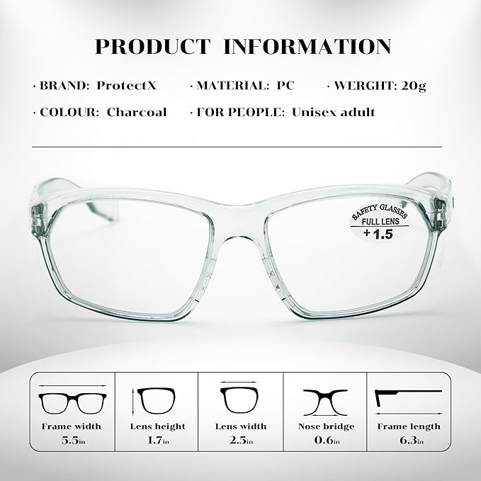ProtectX Stylish Anti-Fog & Scratch-Resistant Safety Glasses With Readers, UV Protection Goggles, Anti-Impact Lightweight Glasses for Men＆Women Charcoal Reading 1.5