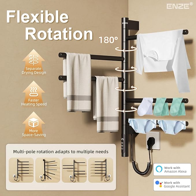 ENZE Smart Rotating Heated Towel Rack for Bathroom, Wall-Mounted Electric Towel Dryer with Swivel Bars, Smart Timer, Low Carbon Steel, IPX5, Plug-in/Hardwired, Towel Warmer with Wi-Fi App Control