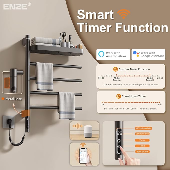 ENZE Smart Rotating Heated Towel Rack for Bathroom, Wall-Mounted Electric Towel Dryer with Swivel Bars & Shelf, Smart Timer, Low Carbon Steel, Plug-in/Hardwired, Towel Warmer with Wi-Fi App Control