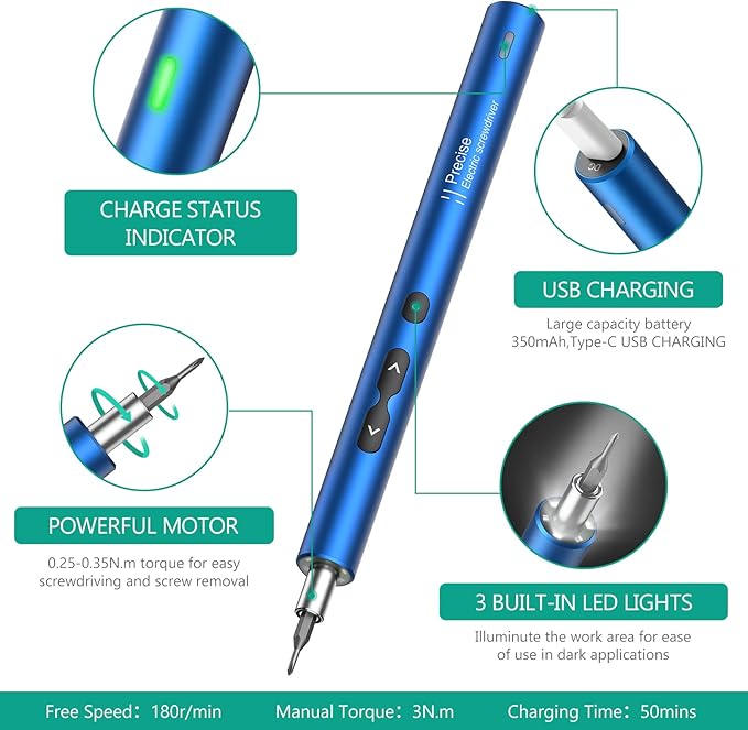 ORIA Electric Screwdriver，28 in 1 Cordless Mini Electric Screwdriver Set with 24 Bits, Rechargeable Repair Tool Kit with Type-C Charging for Mobile Phone,Toy,PC, Blue