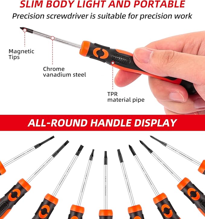 Precision Screwdriver Set 9-Piece Durable Chrome Vanadium Steel Shaft, Magnetic Tip, Ergonomic Grip, and Swivel End Cap (9-Piece)
