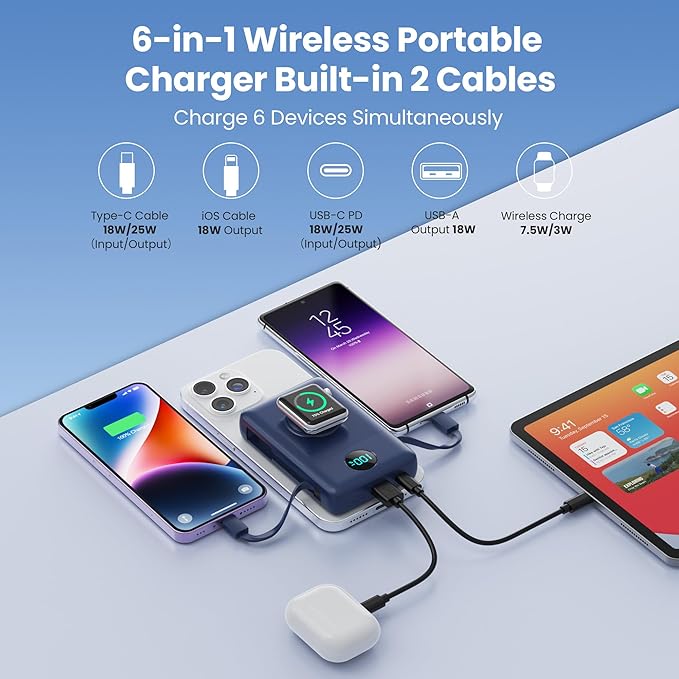 Magnetic Portable Charger 10800mAh for iPhone with Built-in Cables, 6-in-1 Wireless Power Bank with iWatch Charger, 25W PD Fast Charging USB C Battery Pack for iPhone 16/15/14/13/12, Apple Watch(Blue)