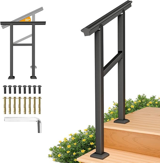 SPACEEUP Hand Rails for Outdoor Steps,2 Step Handrail，24" x 34" Fits 0 to 2 Steps, Outdoor Stair Handrail Kit, Black Railings for Outdoor Steps for Porch Deck，Hand Rails for Seniors